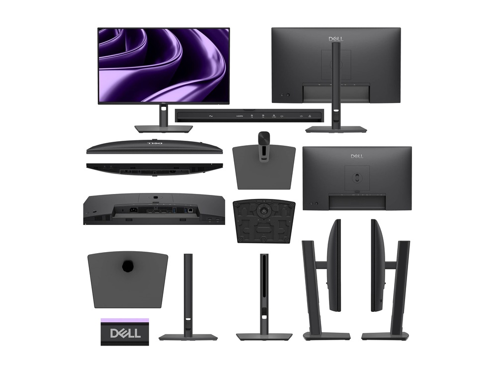 Koláž monitora Dell Pro P 24 P2426HE spredu, zozadu, zhora, zospodu a z bokov. Detailne ukazuje stojan, konštrukciu a konektory HDMI, DisplayPort, USB-C, USB-A a RJ45.