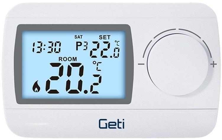 Termostat Geti GRT04, drôtový programovateľný 7denný - biely