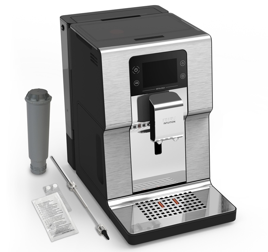 Automatický kávovar Krups EA879EE0 Intuition Hot&Cold aj s dodávaným príslušenstvom.