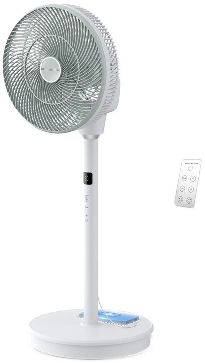 Stojanový ventilátor Rowenta s mätovými lopatkami a diaľkovým ovládačom.