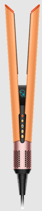 Žehlička na vlasy Dyson Airstrait HT01 ceramic apricot/topaz Predný pohľad na žehličku Dyson Airstrait HT01 s LCD displejom