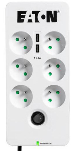 Prepäťová ochrana Eaton Protection Box 6 USB FR, 6x zásuvka, zaťaženie 10A, 2x USB, 1,5m čierna/biela Prepäťová ochrana Eaton Protection Box 6 USB FR, 6x zásuvka, zaťaženie 10A, 2x USB, 1,5m čierna/biela