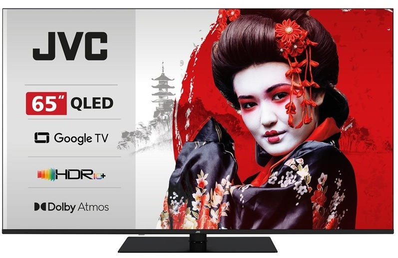 Televízia JVC LT-65VGQ7535, čierna, čelný pohľad s vypísanými funkciami