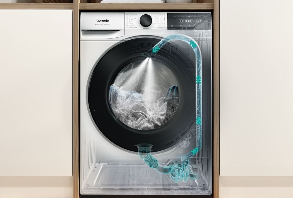 princíp znázornenia funkcie aqua jetwash v práčke gorenje v bielom prevedení