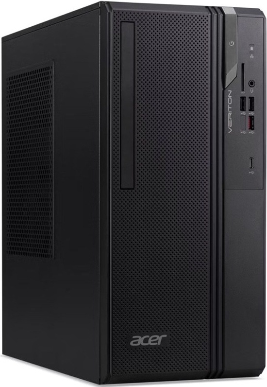 Stolný počítač Acer Veriton S2735G W FR300W 92+ čierny Na obrázku je stolný počítač Acer Veriton S2735G v čiernom prevedení z predného šikmého pohľadu. Skriňa má kompaktný kancelársky tvar, perforovaný čelný panel pre lepšie prúdenie vzduchu a bočnú vetraciu mriežku. Na prednej strane je zvislá mechanika, logo Acer a ovládací panel s tlačidlom napájania, čítačkou kariet, audio konektorom a niekoľkými USB portami vrátane USB-C. Celkovo pôsobí striedmo a prakticky pre pracovné nasadenie.