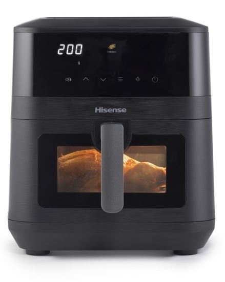 Fritéza teplovzdušná Hisense HAF2100DCD DUAL HEATER čierna teplovzdušná fritéza Hisense HAF2100DCD v čiernom prevedením, zapnutá s osvetleným vnútrom.