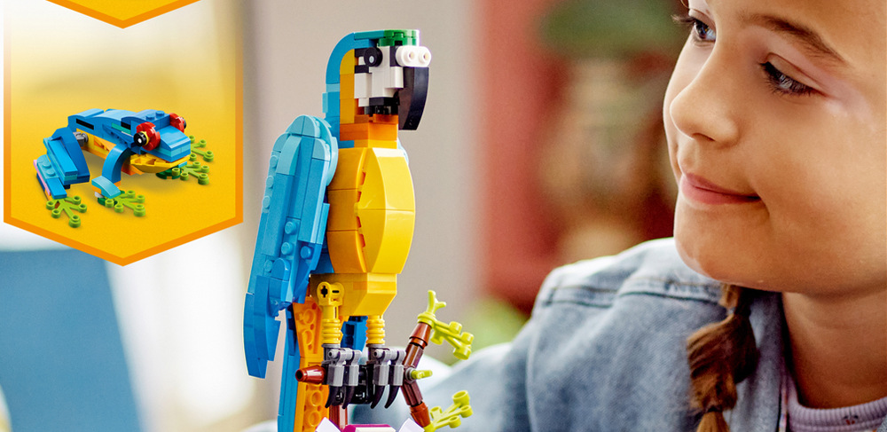 Stavebnica LEGO® Creator 3 v 1 31136 Exotický papoušek Papagáj, ryba i žaba ponúkajú pohyblivé funkcie a veľa možností na vymýšľanie vlastných zvieracích dobrodružstiev.