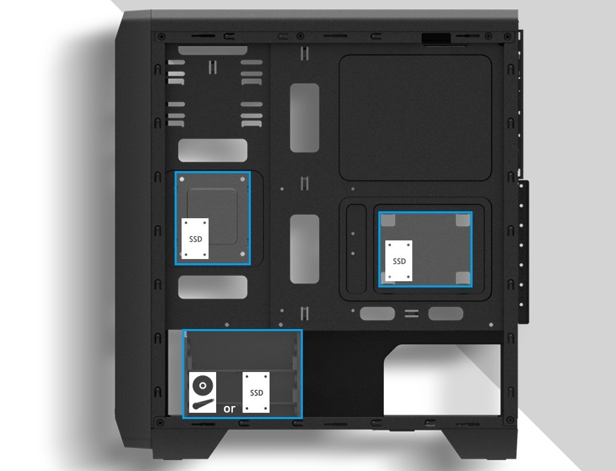 Vnútorná časť skrine Case Zalman S2 TG s vyznačenými pozíciami pre SSD a HDD disky