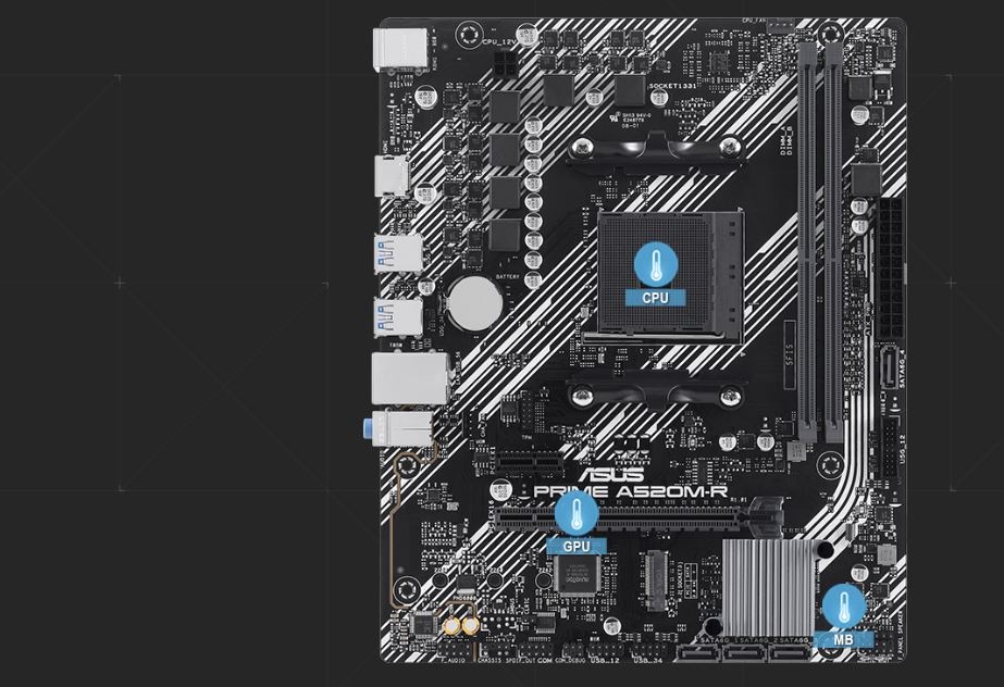 Základná doska Asus PRIME A520M-R Lifestylová foto MB Asus PRIME A520M-R na čiernom pozadí