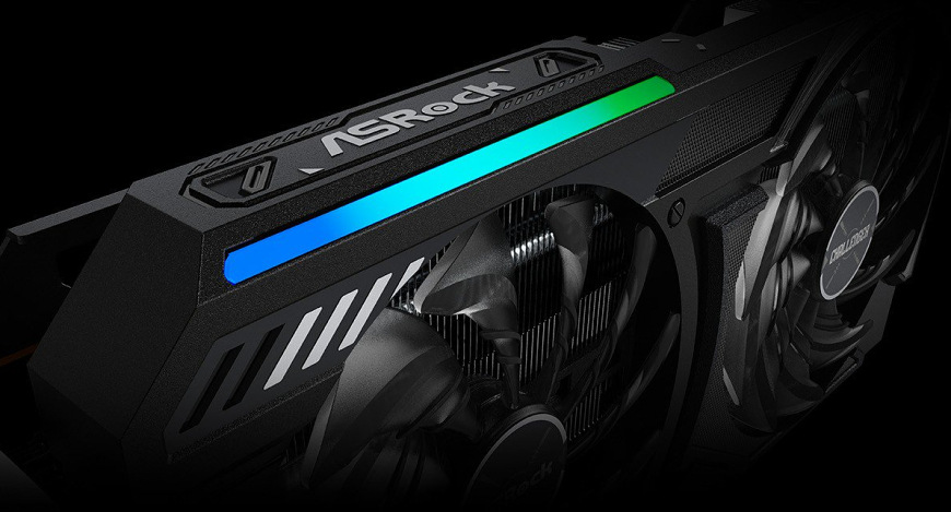 Grafická karta ASRock AMD Radeon RX 9060 XT Challenger 16GB OC čierna RGB podsvietenie bočnej hrany grafickej karty ASRock RX 9060 XT Challenger