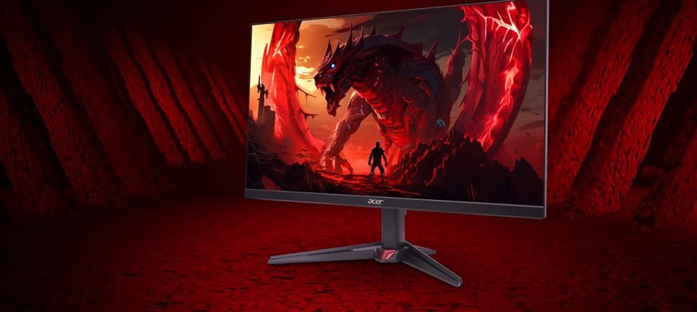 Herný monitor Acer Nitro VG270KL1bmiipx čierny Elegantný monitor Acer zobrazuje živú fantazijnú scénu, v ktorej človek čelí obrovskému červenému drakovi v ohnivej krajine, čo vytvára dramatickú a intenzívnu atmosféru.