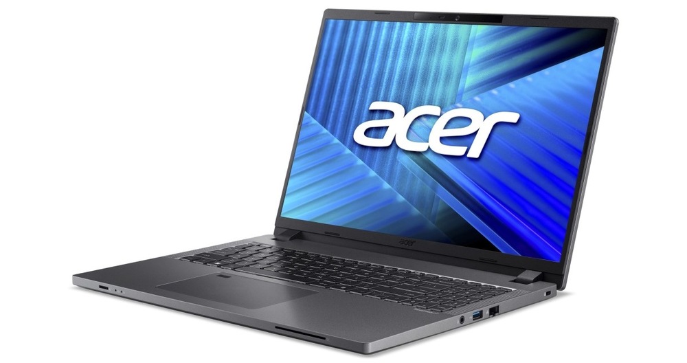 Notebook Acer TravelMate P2 16 (TMP216-41-TCO-R68C) sivý Otvorený a zapnutý notebook Acer TravelMate P2 16 otočený doľava