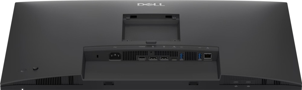 Monitor Dell Pro P2726HE sivý Horný pohľad na zadnú časť šedého monitora Dell s odpojeným stojanom. V zapustenom paneli sú napájací konektor, HDMI, dva konektory DisplayPort, USB-C, dva porty USB-A a sieťový port RJ-45. Ďalšie dva porty USB-C sú na spodnej hrane.