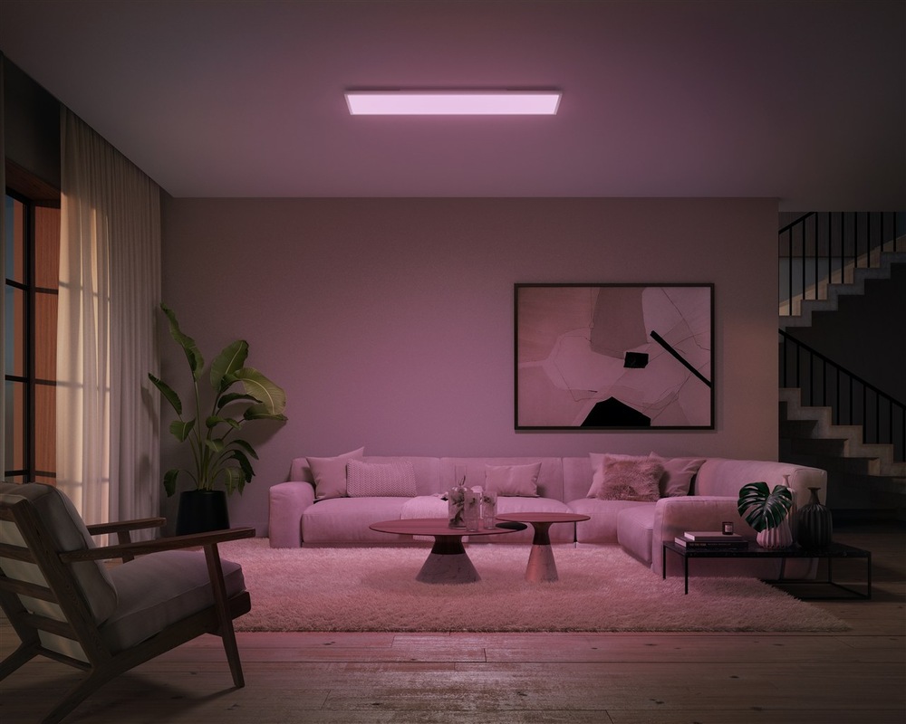 LED stropné svietidlo Philips Surimu Hue Panel, 60W, 120x30 cm, White and Color Ambiance biele Iluminácia obývacej izby s využitím RGB