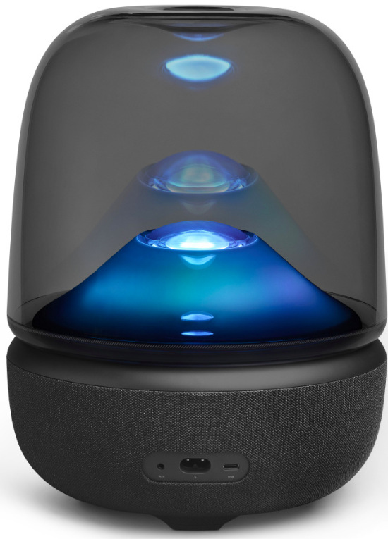 Zadná časť reproduktora Harman Kardon Aura Studio 5 s konektormi a modrým osvetlením