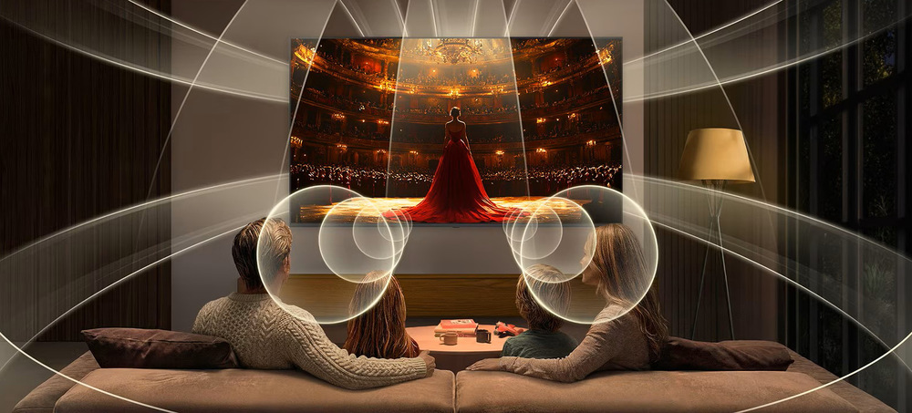 Virtuálne 11.1.2 zvuk s AI Sound a Dolby Atmos vytvára priestorový zvuk s čistými dialógmi v celej miestnosti.