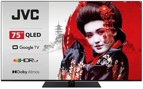 Televízia JVC LT-75VGQ7535, čierna, čelný pohľad s vypísanými funkciami