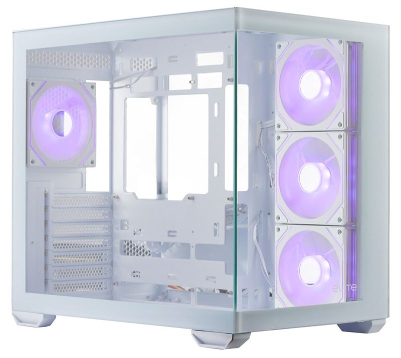 Pohľad na PC skriňa z uhla. Zachytáva pohľad do vnútra skrine cez sklenené bočnice.