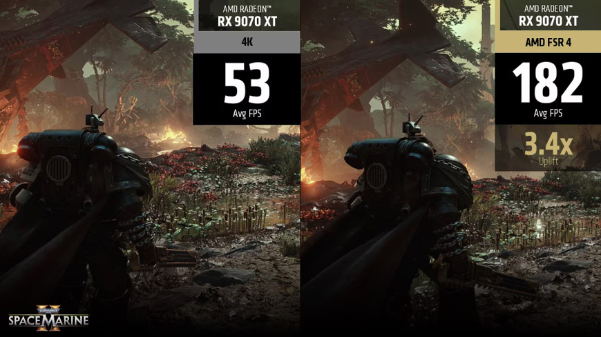 Grafická karta XFX Swift AMD Radeon RX 9060 XT OC 8GB GDDR6 Dual Fan Gaming Edition Ilustračný obrázok výkonu RDNA 4 v hre Space Marine II a 4K rozlíšením s kartou AMD Radeon RX 9070 XT pri FSR 4 aktívnom aj bez neho