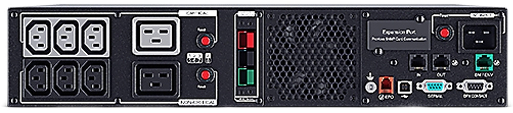 Záložný zdroj CyberPower Professional Rackmount Series PRIII 2200VA/2200W,2U, XL čierny Zadný panel rackového UPS CyberPower má 10 výstupných zásuviek (8× IEC C13 + 2× IEC C19) pre napájanie zariadenia. Uprostred sú 2 ističe a ventilačná mriežka s ventilátorom. Vpravo je AC vstup, komunikačné porty (USB, RS232, RJ45) a slot pre rozširujúcu kartu. Panel je určený na profesionálne serverové použitie.