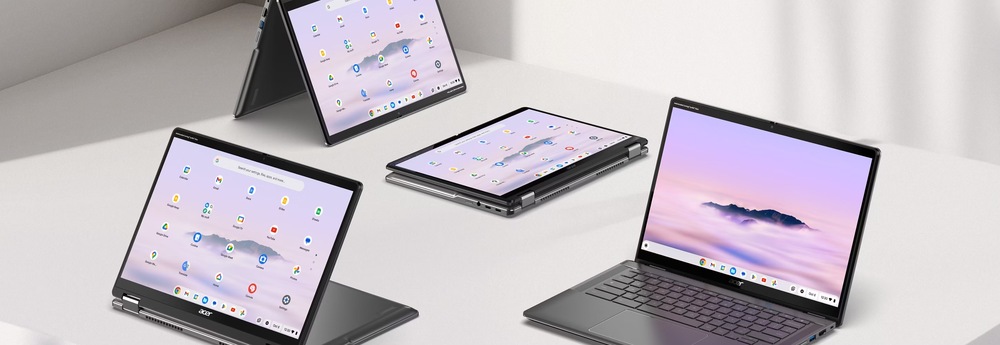 Notebook Acer Chromebook Plus Spin 514 zobrazený v režime notebooku, stojana, tabletu aj prezentácie