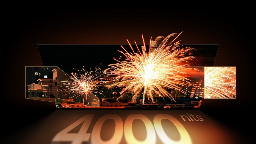 Televízor Hisense 55UR8S ohňostroj a nočné scény na televíznych obrazovkách s jasom 4000 nitov