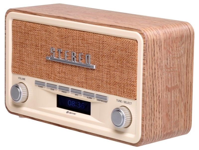 Rádioprijímač s DAB+ Denver DAB-18 hnedý Rádioprijímač Denver DAB-18 vo farbe svetlé drevo retro design