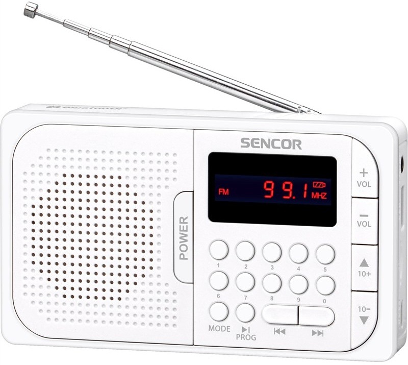 Prenosné rádio Sencor s teleskopickou anténou a FM displejom, bočný pohľad.