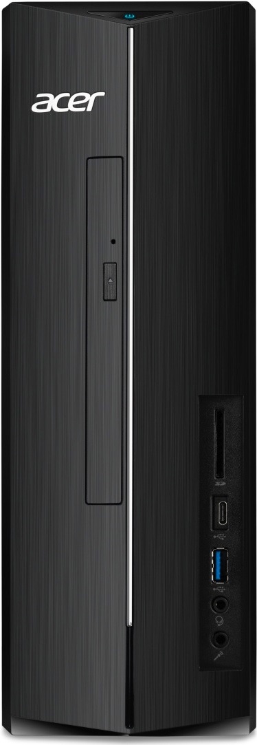 Stolný počítač Acer Aspire XC-1715 čierny Na obrázku je stolný počítač Acer Aspire XC-1715 z čelného pohľadu. Má úzku čiernu skriňu s jemne ryhovaným povrchom, bielym logom Acer a zvislou striebornou linkou uprostred. V ľavej časti je optická mechanika, vpravo čítačka pamäťových kariet, USB-C, USB-A a dva audio konektory. Hore je modro podsvietené tlačidlo napájania.