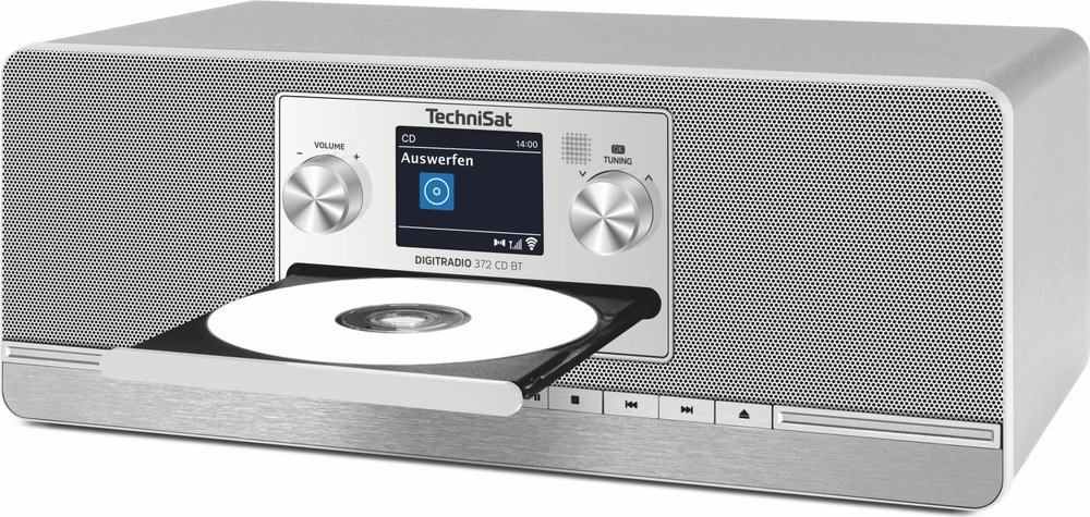 Rádioprijímač s DAB+ Technisat DIGITRADIO 372 CD BT strieborný/sivý Predná strana rádioprijímača TechniSat DIGITRADIO 372 s vysunutou CD mechanikou