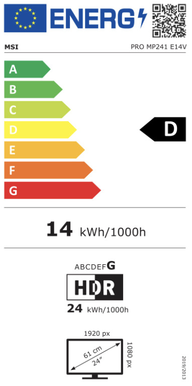 Monitor MSI PRO MP241 E14V čierny Energetický štítok monitora MSI PRO MP241 E14V s triedou D a spotrebou 14 kWh za 1 000 hodín