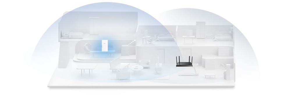 Schéma dvojpodlažného domu ukazuje modré signály Wi-Fi z routera, ktoré pokrývajú jednotlivé miestnosti. Medzi tieto miestnosti patrí spálňa, obývacia izba a jedáleň.
