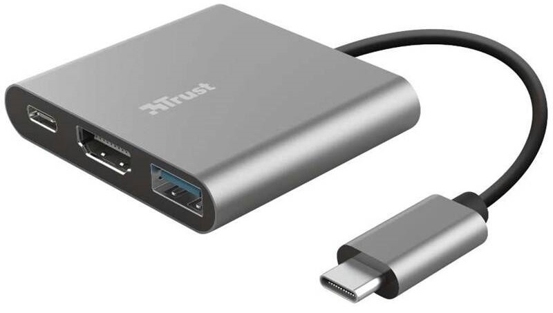USB Hub Trust Dalyx 3v1 USB-C/USB, HDMI, USB-C PD 100W sivý