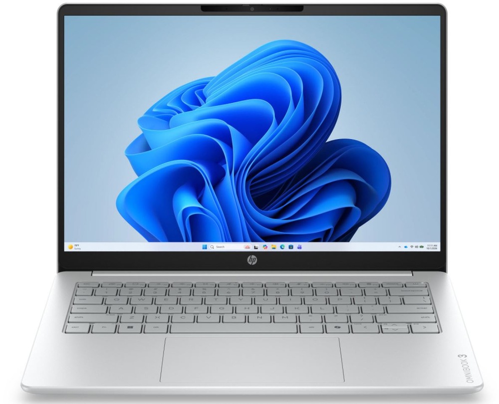 Notebook HP OmniBook 3 14-hu0000ncx + Game Pass predplatné na 2 mesiace strieborný Notebook HP OmniBook 3 s otvoreným displejom a klávesnicou spredu