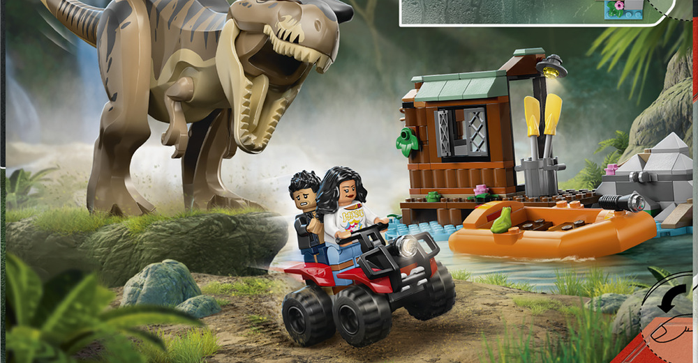 Stavebnica LEGO® Jurassic World 76975 T-rex a útek po rieke Loďka, vystreľovač a minifigúrky Teresy Delgadovej a Xaviera Dobbsa umožnia deťom rozohrávať vlastné úteky.