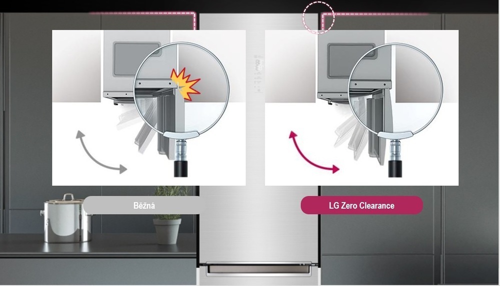 Chladnička s mrazničkou LG GBBS322BPY nerez znázornenie otvárania dverí LG chladničiek, kde je vidieť, že už pri otvorení v uhle 90 ° je možné vytiahnuť zásuvky. Na obrázku v porovnaní s bežnou chladničkou.