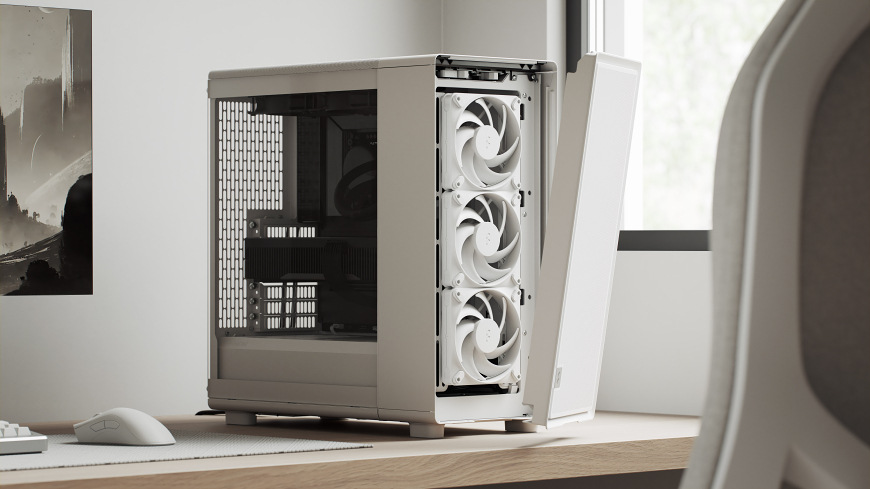 Case FRACTAL DESIGN Epoch White TG RGB Clear Tint biela Otvorená počítačová skriňa s odklopeným predným panelom a tromi prednými ventilátormi pripravenými na nasávanie vzduchu