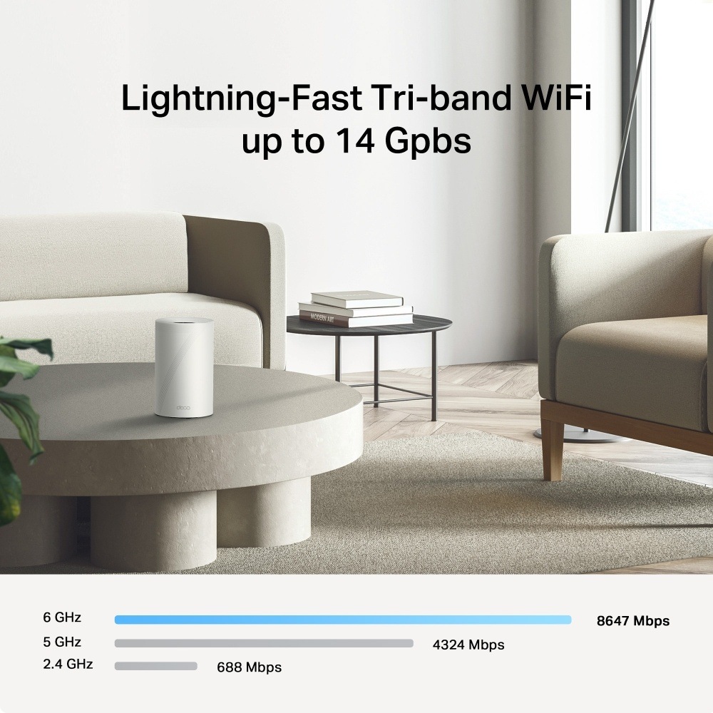 Kompletný Wi-Fi systém TP-Link Deco BE68 (1 ks) biely Mesh router Deco BE68 na konferenčnom stolíku v obývacej izbe s prehľadom rýchlosťou pásiem.