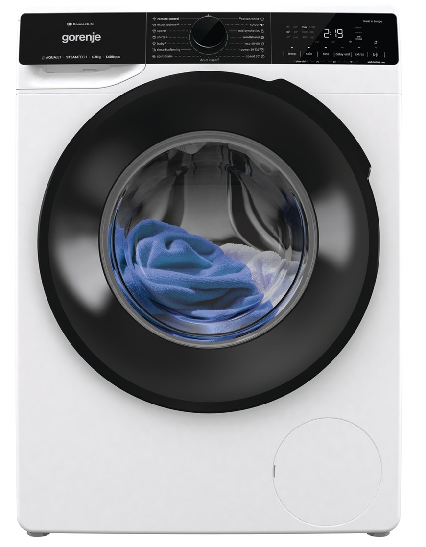 Predný pohľad na práčku Gorenje WPNA94A1PWIFI v bielom prevedení so zatvorenými dvierkami.