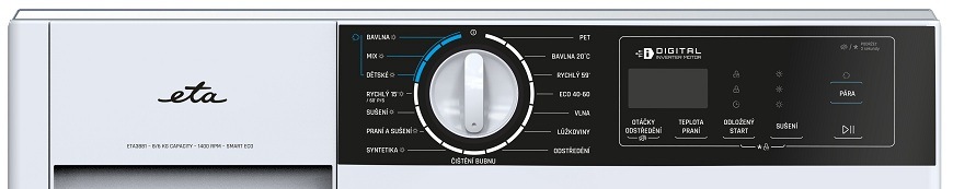 Ovládací panel vstavané práčky so sušičkou ETA 388190001AD s invertorovým motorom, prehľadným LED displejom a českými popiskami programov ako Bavlna, Rýchly 15' alebo Pranie a sušenie
