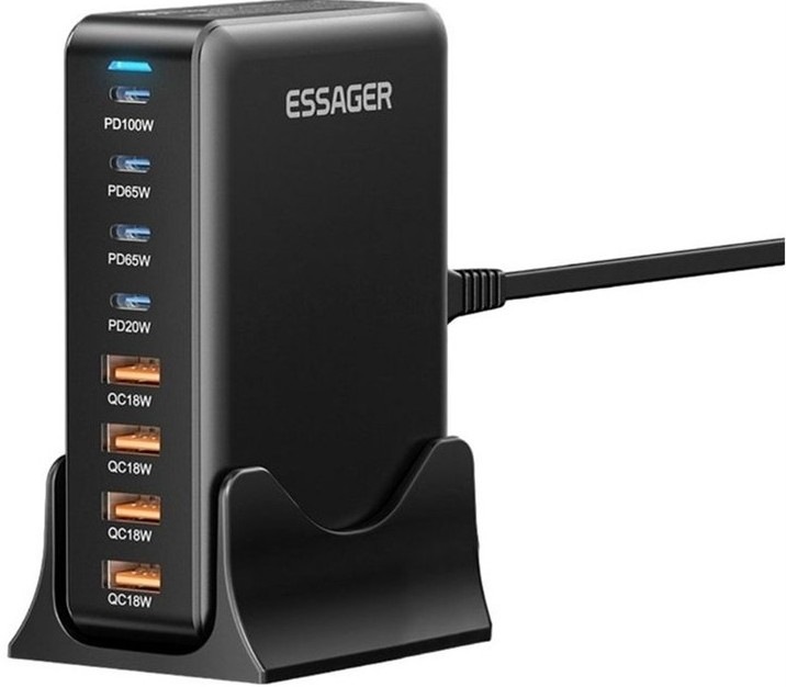 Nabíjačka do siete Essager 320W, GaN, 4x USB-C, 4x USB-A v čiernej farbe