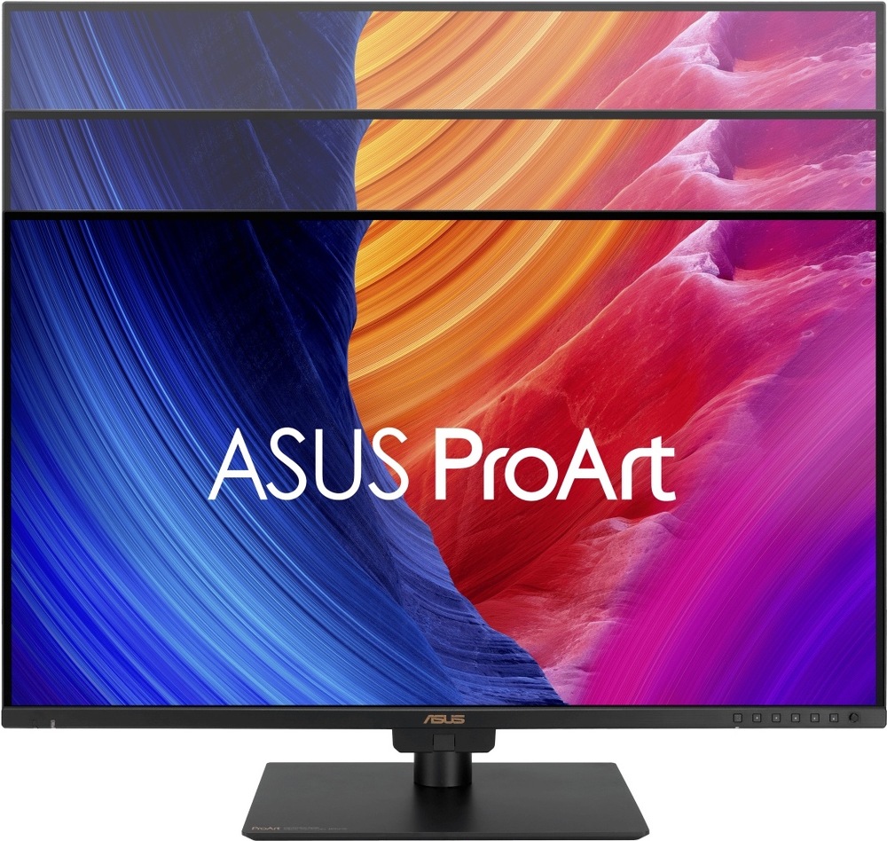 Monitor Asus ProArt PA27UCGE čierny Na obrázku je monitor Asus ProArt PA27UCGE 27" z čelného pohľadu. Displej stojí na čiernom stojane s plochou základňou a na obrazovke je farebná grafika ASUS ProArt v modrých, oranžových, červených a fialových tónoch. Nad hlavnou obrazovkou sú zobrazené ďalšie dve posunuté polohy na rovnakom displeji. rámčeka sú vidieť ovládacie tlačidlá monitora.