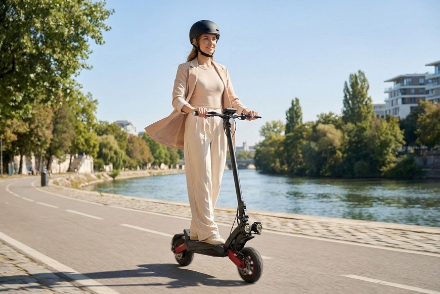 Elektrická kolobežka Sencor SCOOTER X40 čierna Žena na elektrickej kolobežke Sencor SCOOTER X40 pri jazde po mestskej cyklotrase.