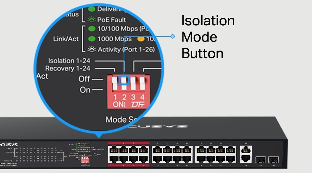 Switch Mercusys MS126CP (MS126CP) čierny Čelný pohľad na switch Mercusys MS126CP so zväčšeným detailom prepínača pre aktiváciu režimu Isolation na portoch 1 až 24.