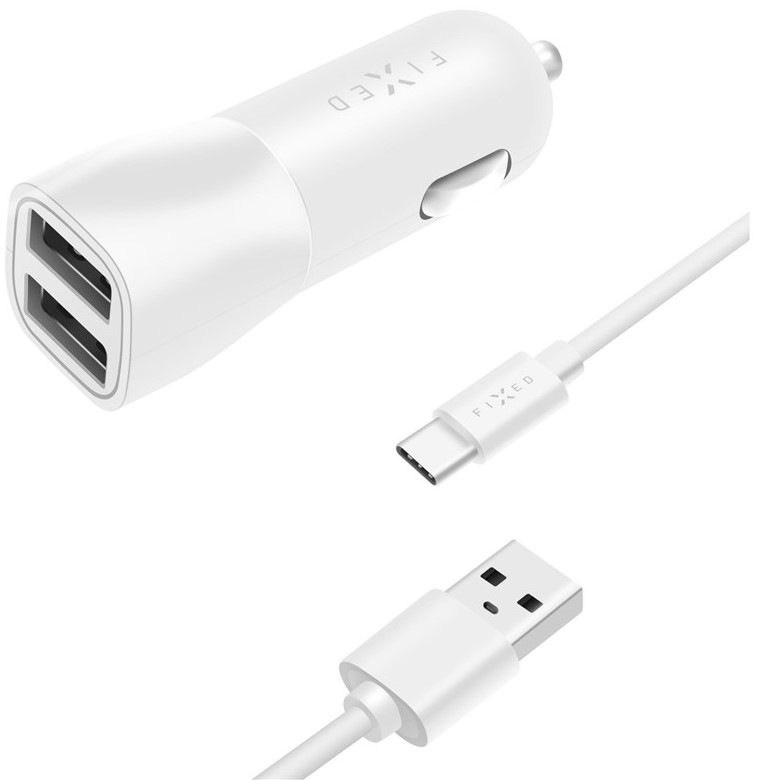 Adaptér do auta FIXED 2xUSB, 15W Smart Rapid Charge + USB-C kábel 1m - biely