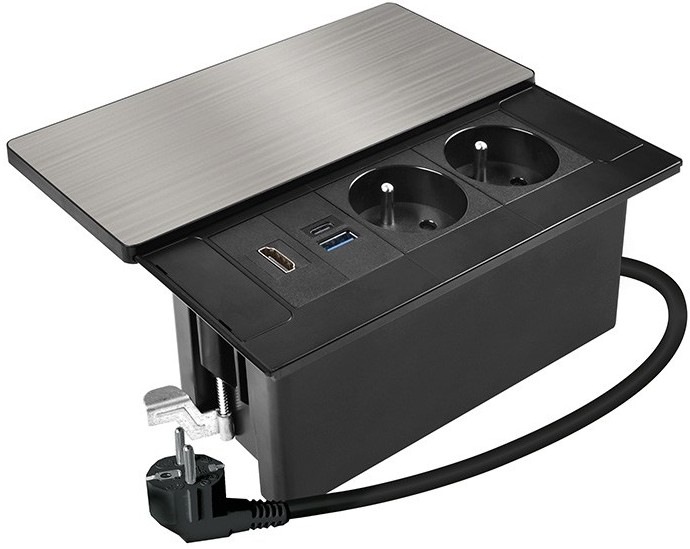 Zásuvkový modul Solight 2 zásuvky, HDMI, USB-A, USB-C, PD 20W, s posuvným krytom pre pracovné stoly, kancelárie aj domáce interiéry