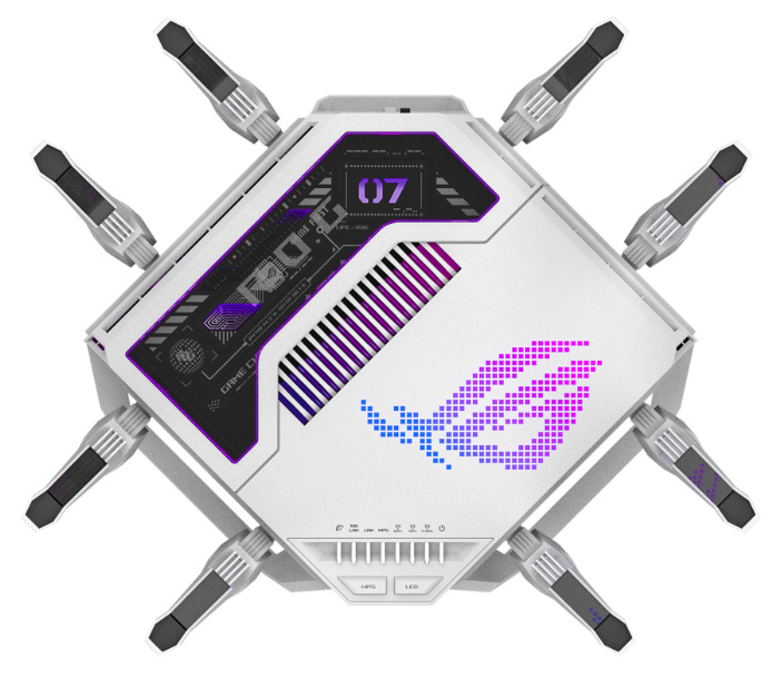 Router Asus ROG Rapture GT-BE19000AI biely Horný pohľad na herný router ASUS ROG Rapture GT-BE19000AI s ôsmimi anténami a RGB logom
