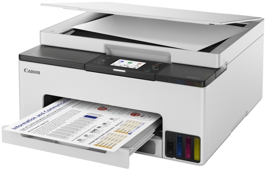 Tlačiareň multifunkčná Canon MAXIFY GX1041 biela Tlačiareň Canon MAXIFY GX1040 s vytlačeným dokumentom vo výstupnom zásobníku.