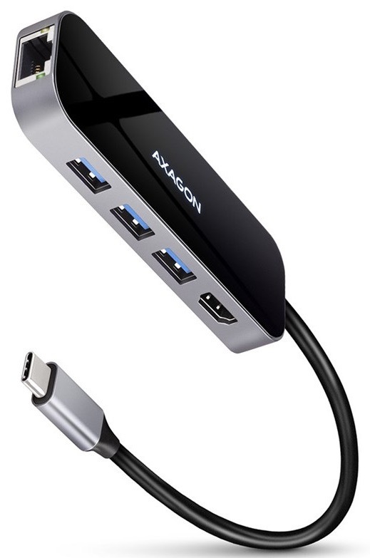 USB Hub Axagon USB 3.2 Gen 1 húb, 3x USB-A, HDMI 4k/60Hz, RJ-45 GLAN, PD 100W, kábel USB-C 20cm sivý