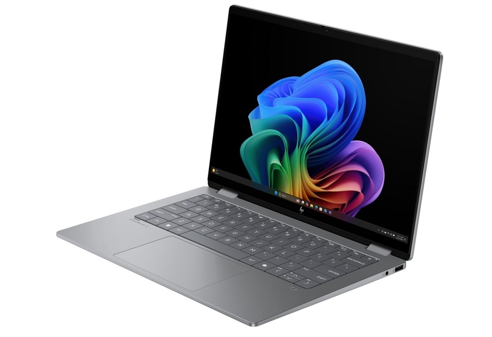 Notebook HP OmniBook X Flip NG AI PC 14-fm0433nc + Game Pass predplatné na 3 mesiace strieborný/sivý Notebook HP OmniBook X Flip NG AI 14-fm0433nc otočený doľava